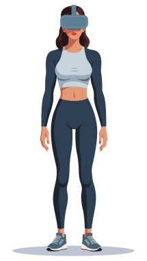 Modern spor giyimli bir kadın, VR kulaklık takıyor, rahatlamış ve sanal fitness deneyimine dalmış, beyaz üzerine izole edilmiş..