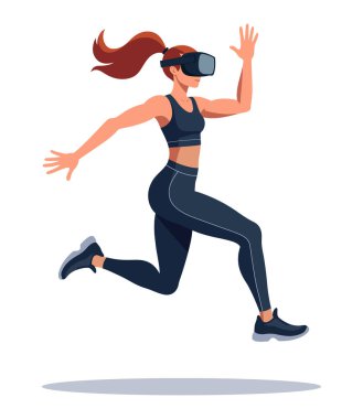 Hareket halinde VR kulaklık takan kadın, beyaz arka planda izole edilmiş vektör, dijital uygunluk entegrasyonunu gösteriyor.