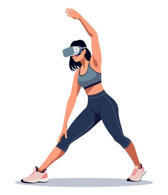 VR kulaklık takan bir kadın esneme egzersizi yapıyor, beyaza izole edilmiş, fitness ve dijital yeniliği birleştiriyor..