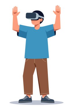 VR kulaklıklı, kollarını kaldırmış, günlük giysiler giymiş dijital bir dünyaya dalmış, sanal etkileşim yaşayan bir adam..