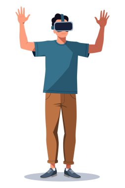 VR kulaklık takan, kollarını kaldırmış dijital ortamda etkileşime giren beyaz arka planda izole edilmiş bir adam.