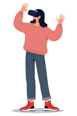 VR kulaklık takan bir kadın dijital alanla etkileşime giriyor, beyaz arka planda duruyor, derin, fütürist bir duruşla..