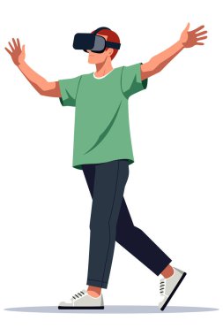 Yeşil tişörtlü ve VR kulaklı bir adam dijital alanla etkileşimde, sanal ortamda yürüyor, izole edilmiş bir arka plan