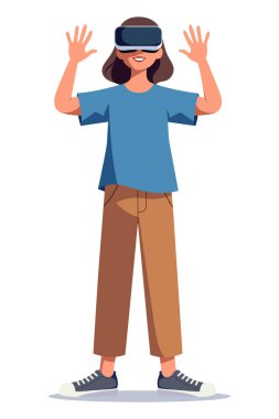 VR kulaklık takan bir kadın ellerini kaldırıp beyaz arka planda dijital etkileşime giriyor..