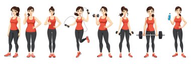 Kırmızı bluzlu ve siyah taytlı genç kadın çeşitli spor malzemeleriyle poz veriyor.