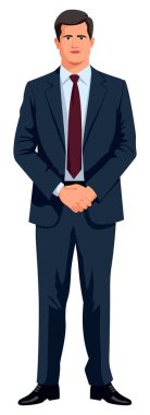 Tam boy illüstrasyon genç işadamı mavi takım elbise giyip el tokası takıyor.