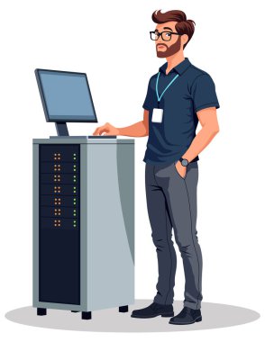 Bilgisayar monitörüyle çalışan profesyonel bilişim uzmanı.