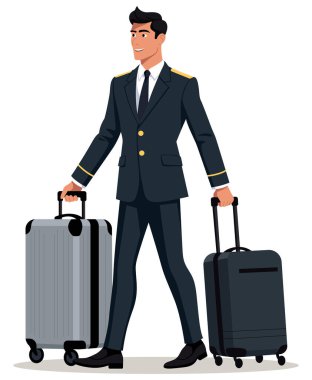 Gülümseyen pilot üniformalı bavulunu çekiyor.