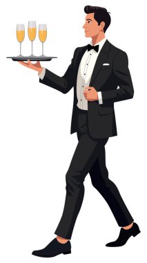 Smokinli şampanya bardakları servis eden zarif garson.