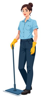 Üniformalı ve sarı eldivenli genç kadın temizlik için paspası hazır tutuyor.