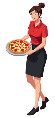 Çizgi film garsonu elinde gümüş tepside dilimlenmiş pepperoni pizzası tutuyor.