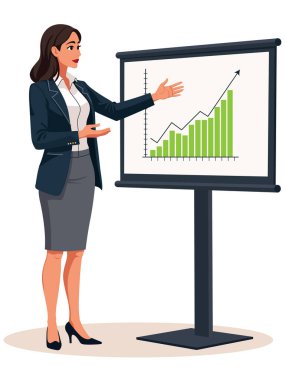 İş kadını, yükselen iş büyümesi ve başarısını gösteren bir grafikle sunum kuruluna işaret ediyor