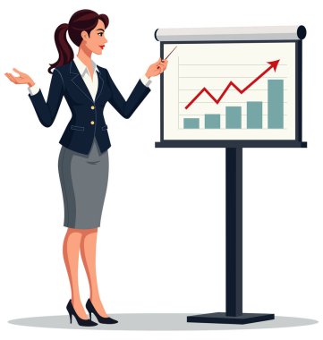 İş kadını, finansal başarı ve kâr gösteren yükselen bir tabloyla kırmızı çubuğu sunum panosuna doğrultuyor.