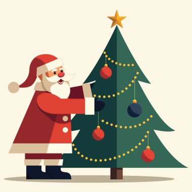 Neşeli Noel Baba figürü, yeşil bir Noel ağacını süslerle süslüyor ve tatil resimleriyle süslüyor.