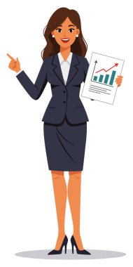 İş kadını, zarif bir donanma takımı ve etek giyen ve ilerleme gösteren mali tabloyu gösteren bir iş kadını