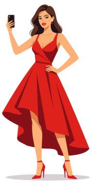 Full length elegant woman take selfie smartphone wearing stunning red evening dress high heels white background
