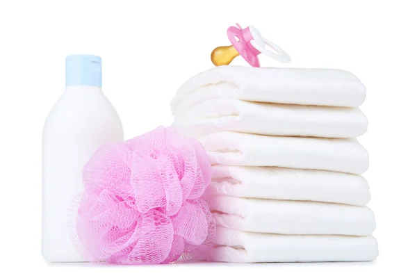 Baby Diapers Bottle Pacifier Washcloth Isolated White Background — Stock Photo, Image
