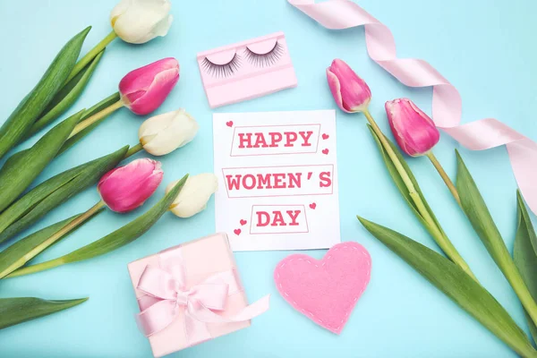 Flowers Tulips Card Text Happy Women Day Pink Gift Ribbon — Zdjęcie stockowe