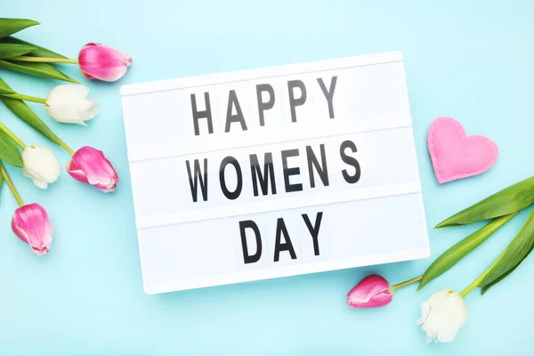 Flowers Tulips Pink Felt Heart Lightbox Text Happy Women Day — Zdjęcie stockowe