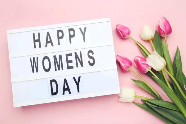 Bouquet Flowers Tulips Lightbox Text Happy Women Day Pink Background — Zdjęcie stockowe