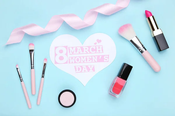 Card Shape Heart Text March Women Day Ribbon Makeup Brush — Stock Photo, Image