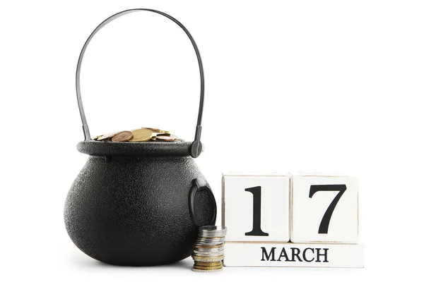 Pot Coins Wooden Calendar Isolated White Background — Stock Photo, Image