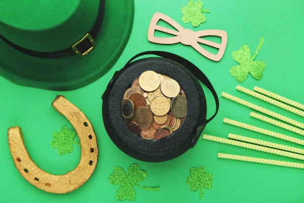 Pot Coins Golden Horseshoe Hat Wooden Bow Tie Paper Clover — Stock Photo, Image