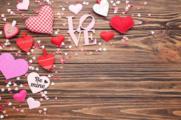 Hearts Sweet Sprinkles Brown Wooden Background — Stockfoto