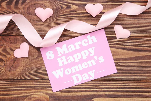 Karta Textem Března Happy Women Day Růžovou Stuhou Srdíčky Hnědém Royalty Free Stock Obrázky