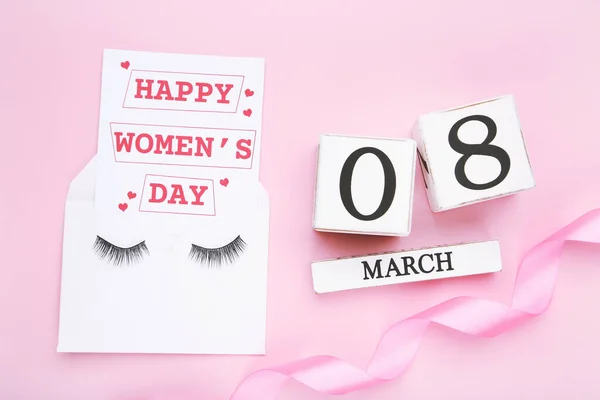 Karte Mit Text Happy Women Day Und Wimpern Auf Umschlag Stockbild