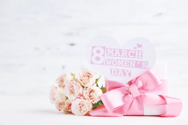 Bouquet Roses Gift Card Shape Heart Text March Women Day Stok Gambar