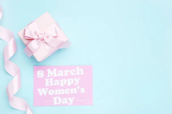 Card Text March Happy Women Day Ribbon Gift Box Blue Imagen De Stock