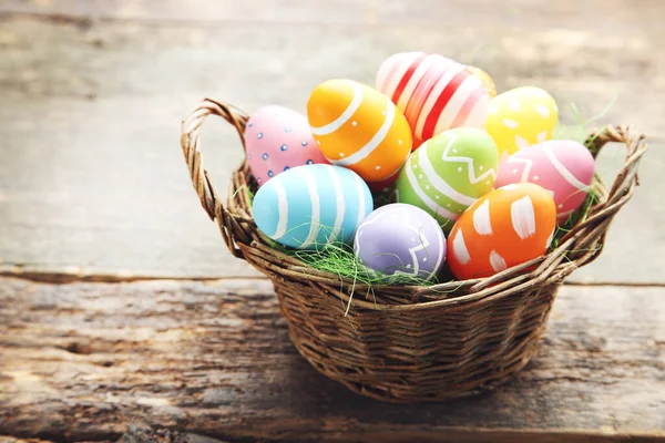 Colorful Eggs Basket Wooden Background Easter Day Concept Stok Gambar