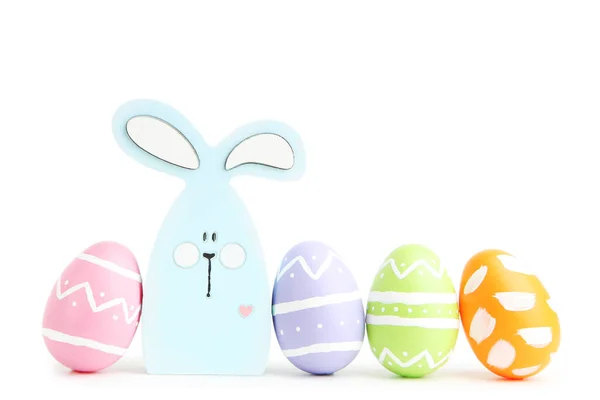 Wooden Rabbit Colorful Easter Eggs Isolated White Background Stock Obrázky