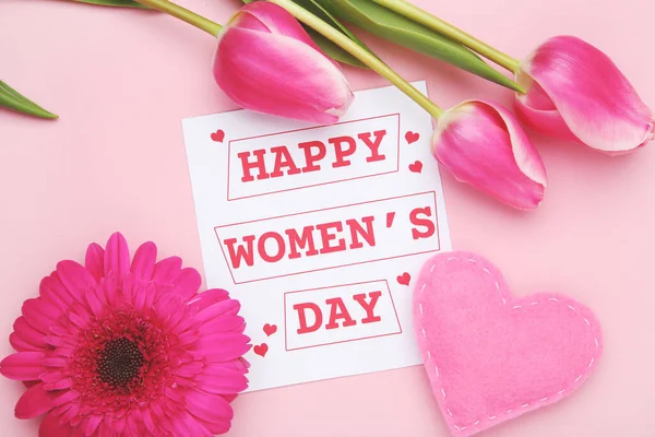Gerbera Tulips Flower Felt Heart Card Text Happy Women Day Zdjęcia Stockowe bez tantiem