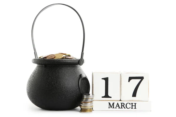 Pot Coins Wooden Calendar Isolated White Background ストックフォト
