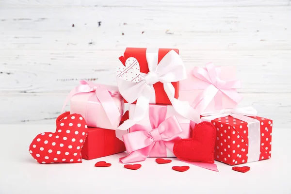 Gifts Boxes Hearts White Wooden Background Stok Foto