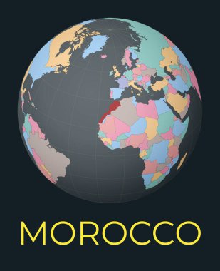 Dünya haritası Fas 'a odaklı. Kızıl Ülke vurgulandı. Uydu dünya görüşü isimle merkezden ülkeye. Vektör İllüstrasyonu.