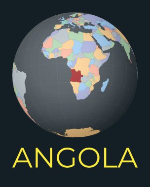 Angola 'nın dünya haritası. Kızıl Ülke vurgulandı. Uydu dünya görüşü isimle merkezden ülkeye. Vektör İllüstrasyonu.