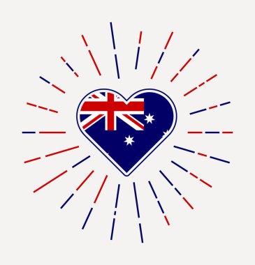 Australia heart with flag of the country. Sunburst around Australia heart sign. Vector illustration.