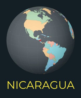 World map centered to Nicaragua. Red country highlighted. Satellite world view centered to country with name. Vector Illustration.