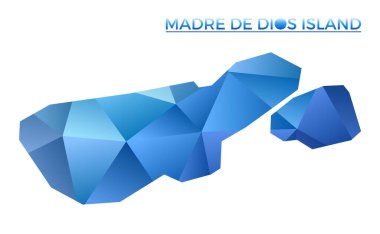 Çokgen Madre de Dios Adası haritası. Düşük polimetrik tarzda canlı bir geometrik ada. Bilgi grafikleriniz için büyüleyici bir illüstrasyon. Teknoloji, internet, ağ kavramı.
