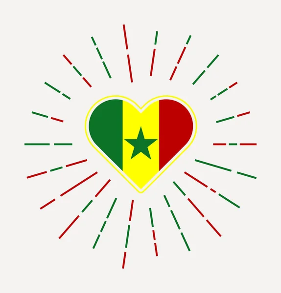Senegalt Hjärta Med Landets Flagga Sunburst Runt Senegals Hjärttecken Vektorillustration — Stock vektor