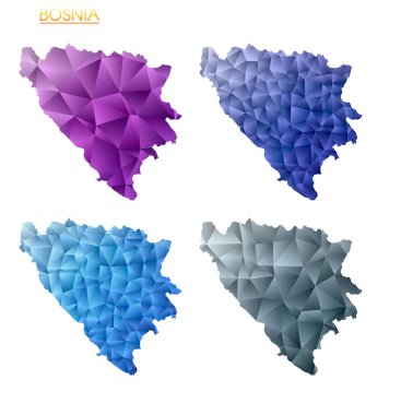 Set of vector polygonal maps of Bosnia. Bright gradient map of country in low poly style. Multicolored Bosnia map in geometric style for your infographics. Artistic vector illustration.