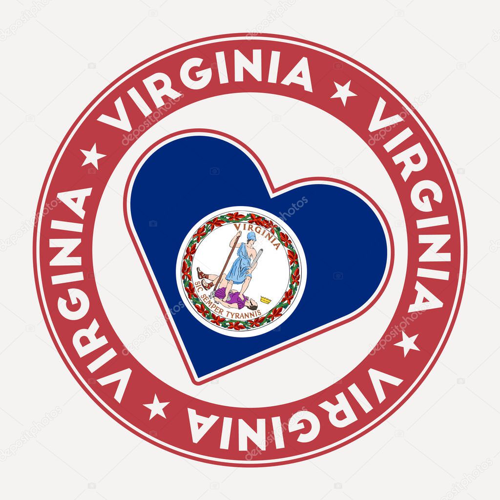 Virginia heart flag badge. From Virginia with love logo. Support the us state flag stamp. Vector illustration.