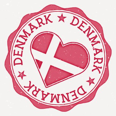 Denmark heart flag logo. Country name text around Denmark flag in a shape of heart. Neat vector illustration.