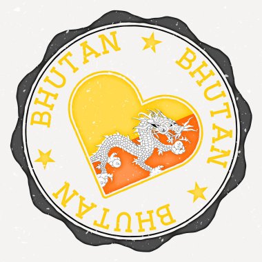 Bhutan heart flag logo. Country name text around Bhutan flag in a shape of heart. Superb vector illustration.