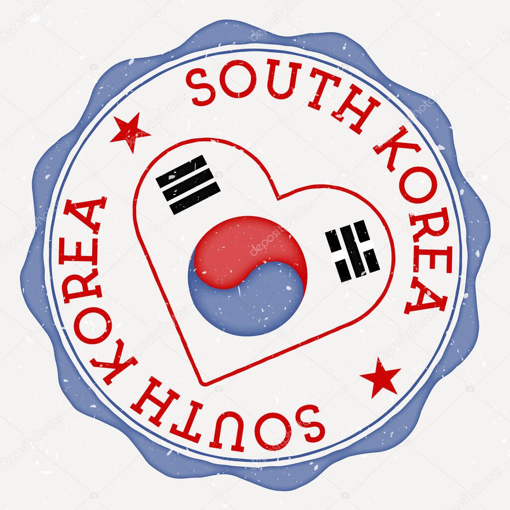 South Korea heart flag logo. Country name text around South Korea flag in a shape of heart. Beautiful vector illustration.