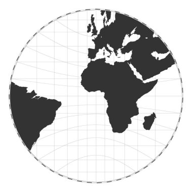 Vector world map. Gnomonic projection. Plain world geographical map with latitude and longitude lines. Centered to 0deg longitude. Vector illustration.