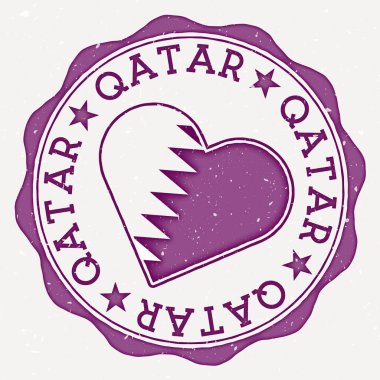 Qatar heart flag logo. Country name text around Qatar flag in a shape of heart. Cool vector illustration.